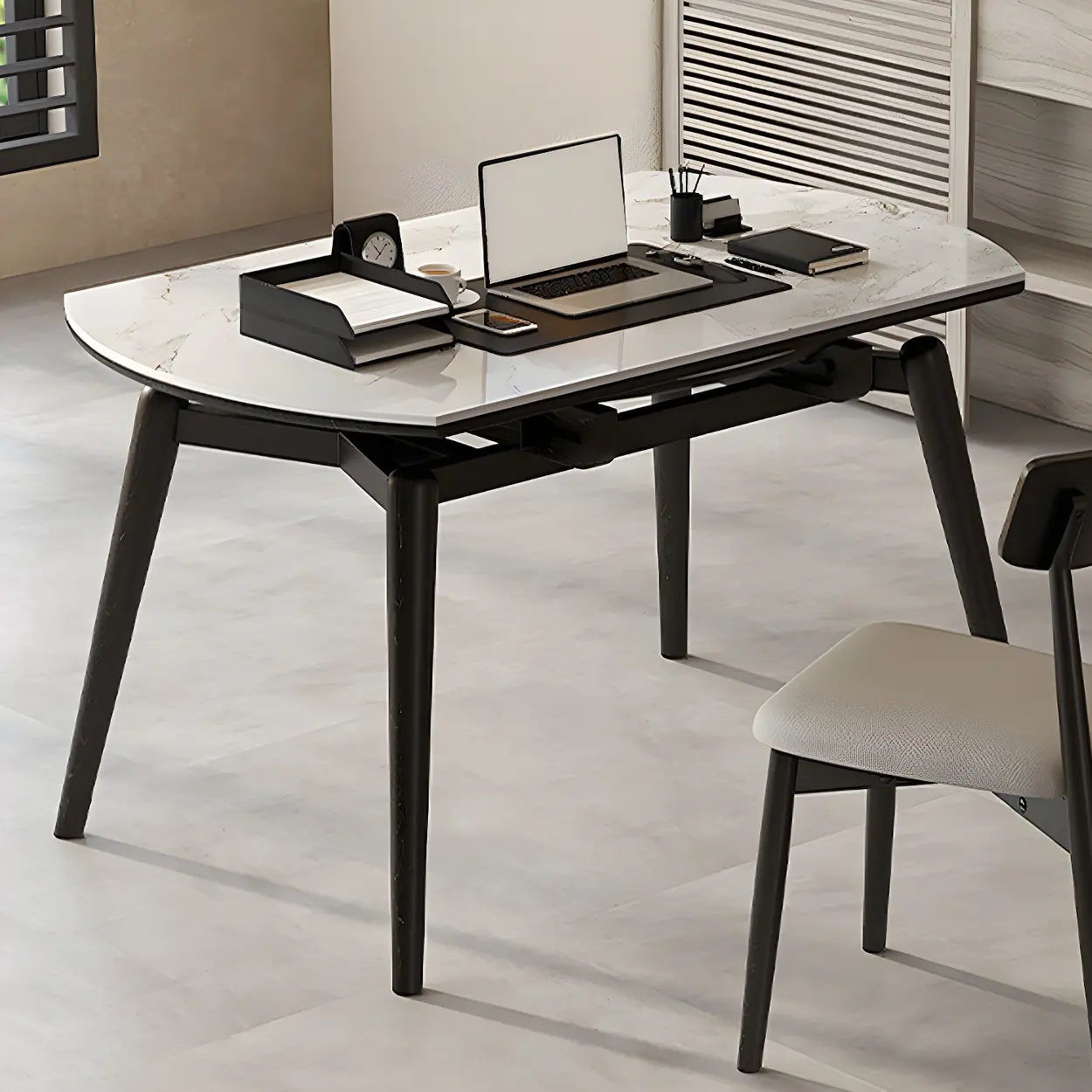 Modern White Stone Oak-Base Round Extendable Dining Table — Walnut / Table Only
