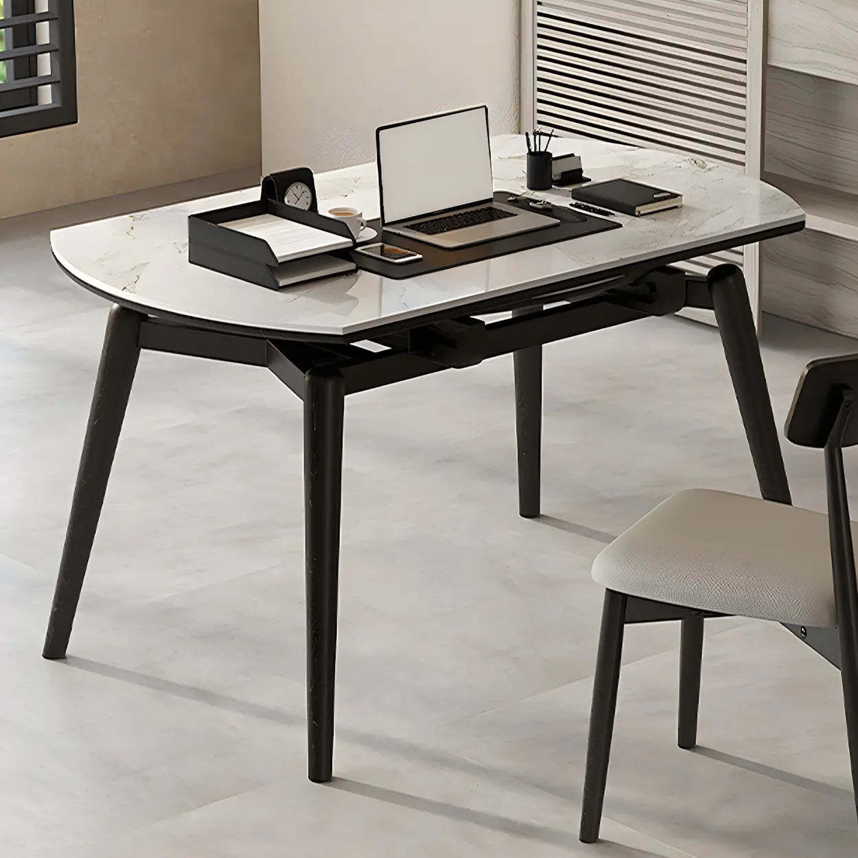 Modern White Stone Oak-Base Round Extendable Dining Table — Walnut / Table Only