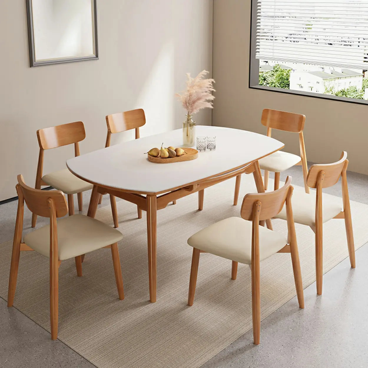 Modern White Stone Round Rubberwood Extendable Dining Table — Table Only