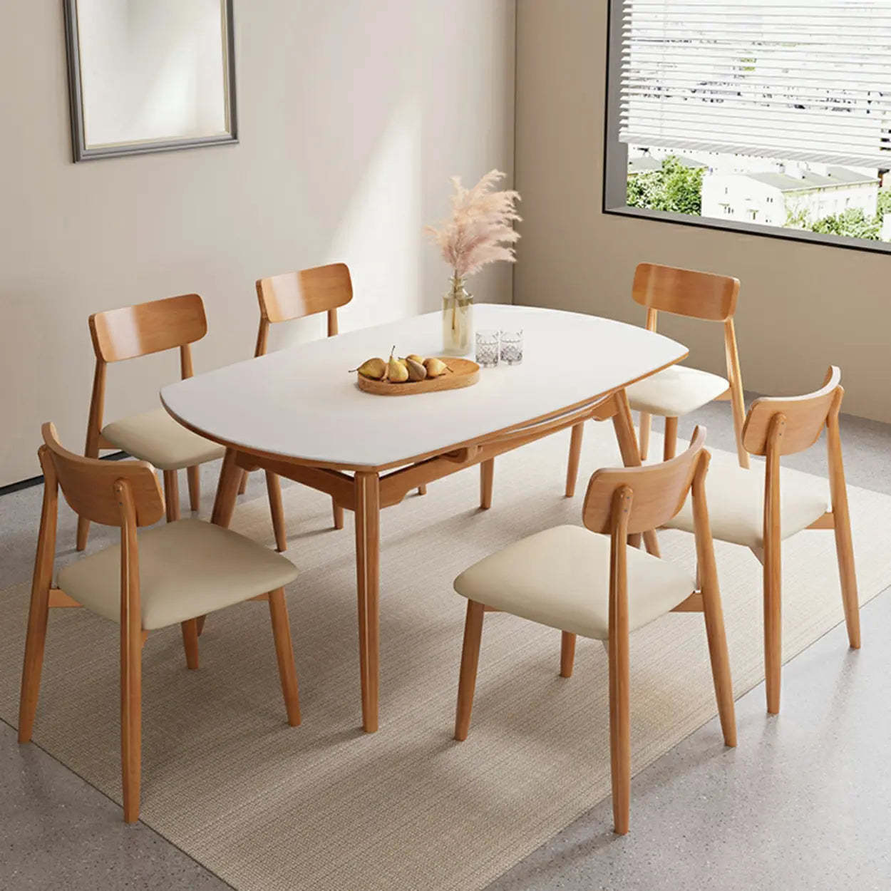 Modern White Stone Round Rubberwood Extendable Dining Table — Table Only