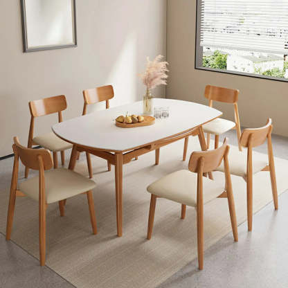 Modern White Stone Round Rubberwood Extendable Dining Table — Table Only