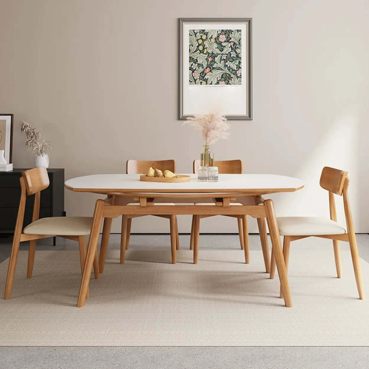 Modern White Stone Round Rubberwood Extendable Dining Table — Table Only
