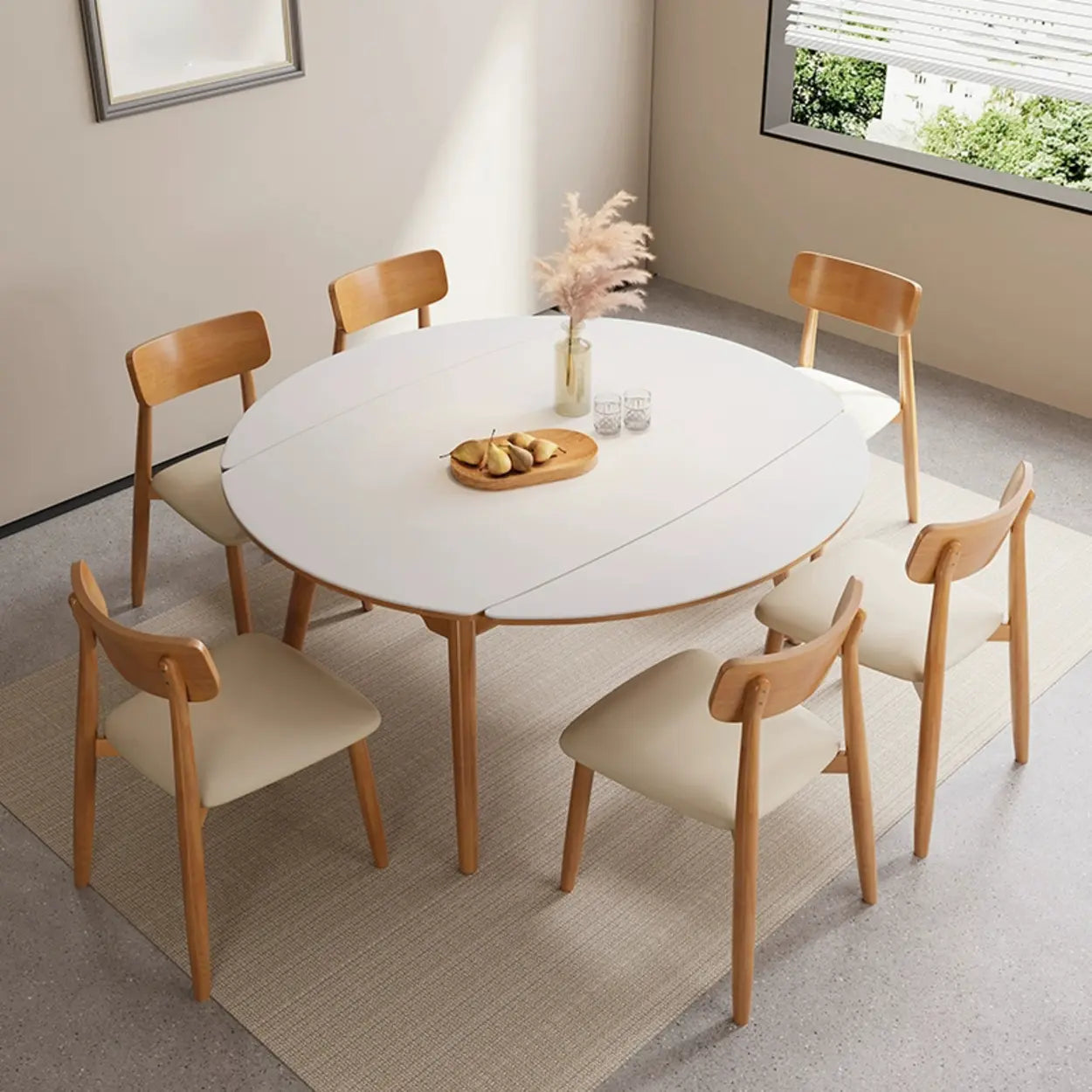 Modern White Stone Round Rubberwood Extendable Dining Table — Table Only