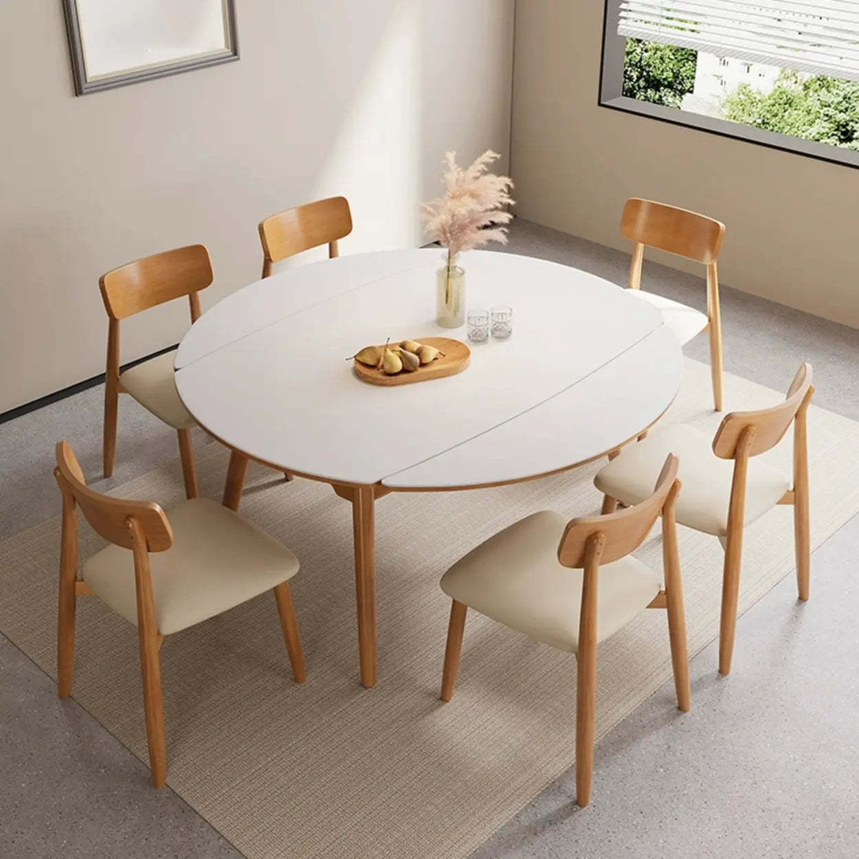 Modern White Stone Round Rubberwood Extendable Dining Table — Table Only