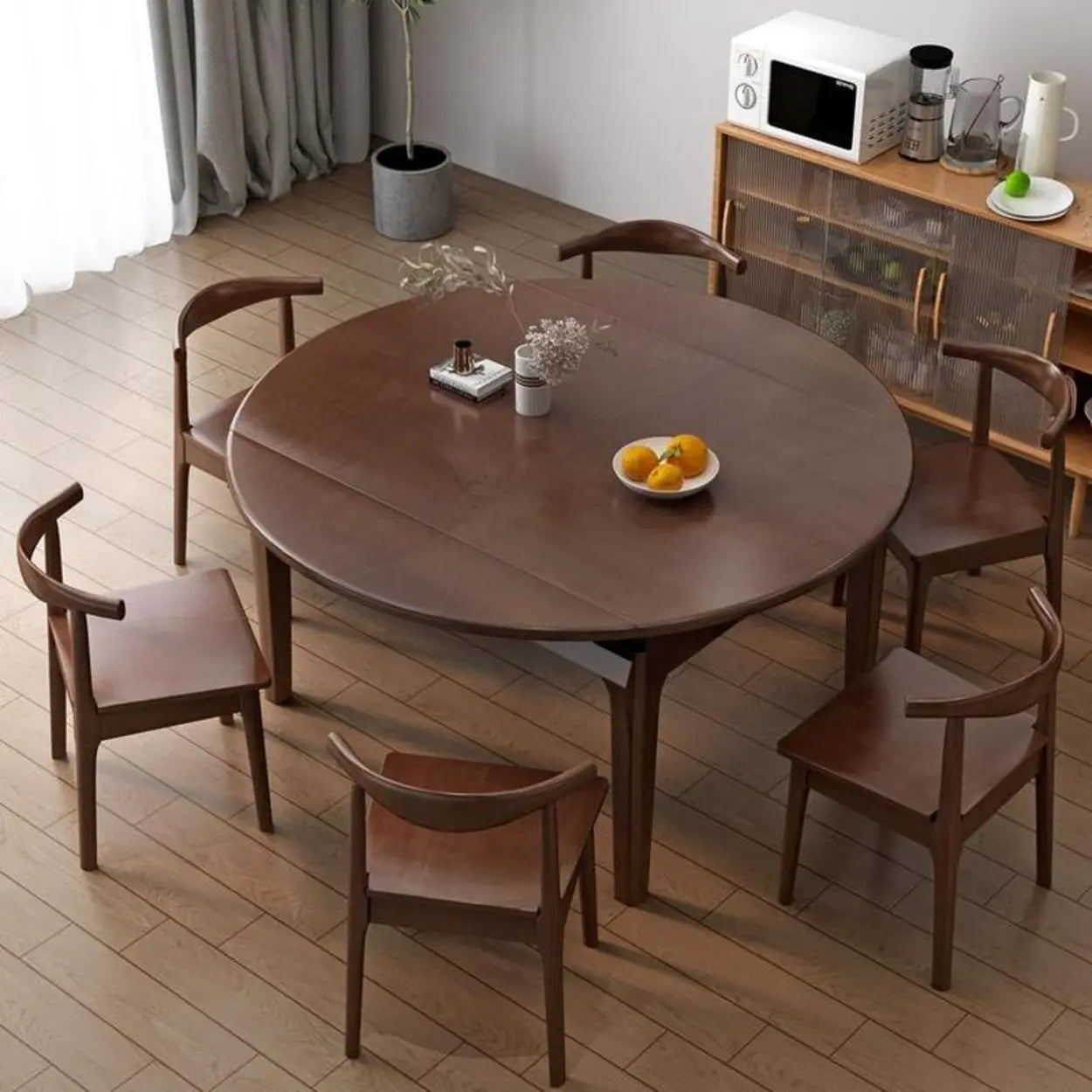 Modern Round Extendable Wood Kitchen Dining Table — Nut-Brown / Table Only