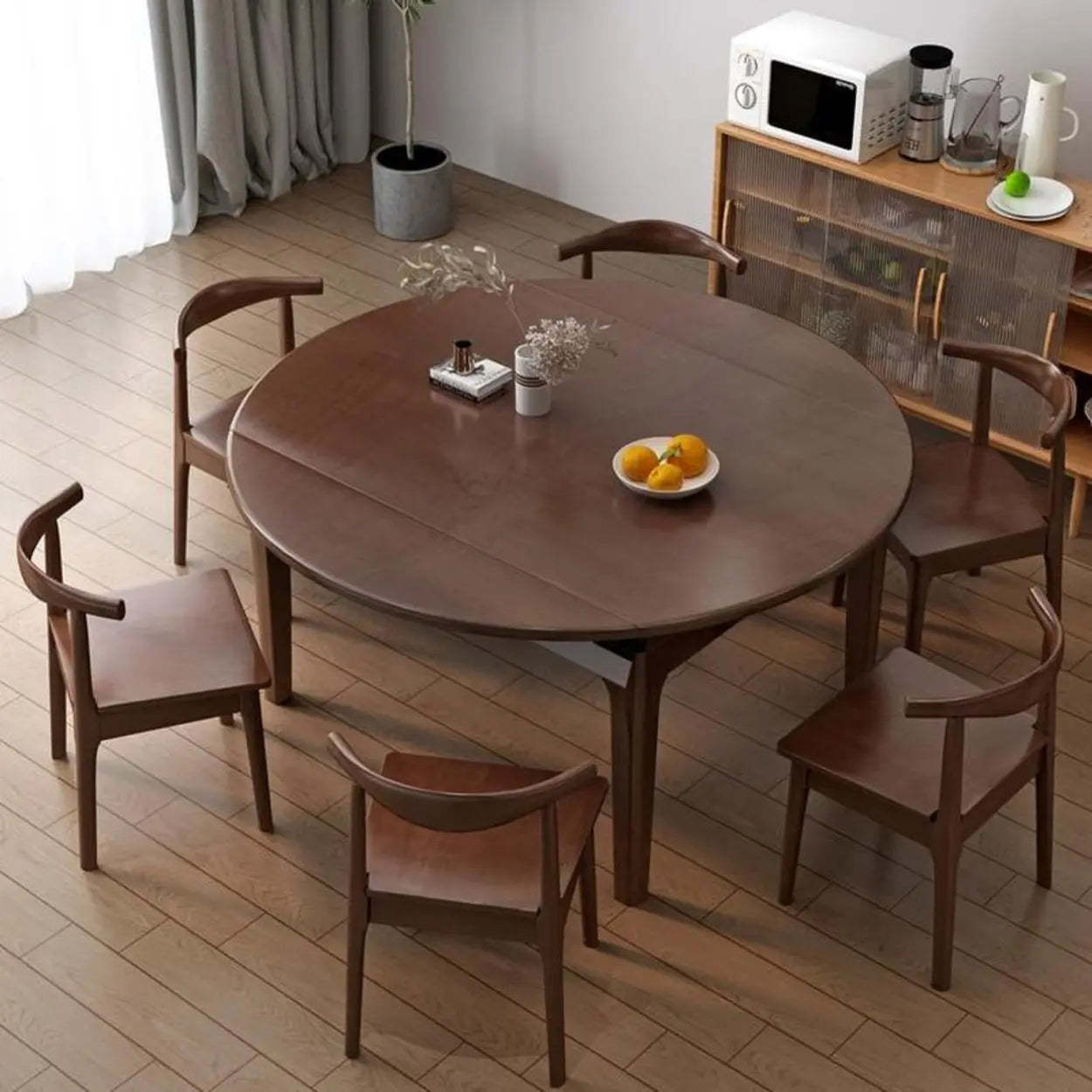 Modern Round Extendable Wood Kitchen Dining Table — Nut-Brown / Table Only