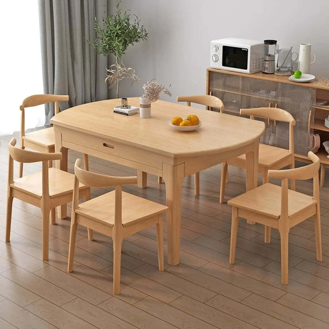 Modern Round Extendable Wood Kitchen Dining Table — Natural / Table Only