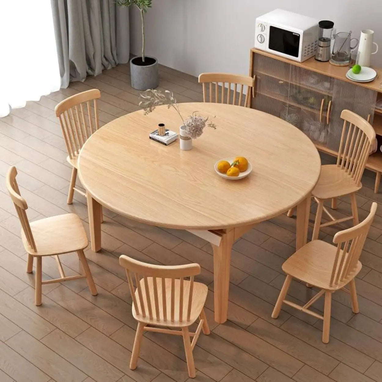 Modern Round Extendable Wood Kitchen Dining Table — Natural / Table Only