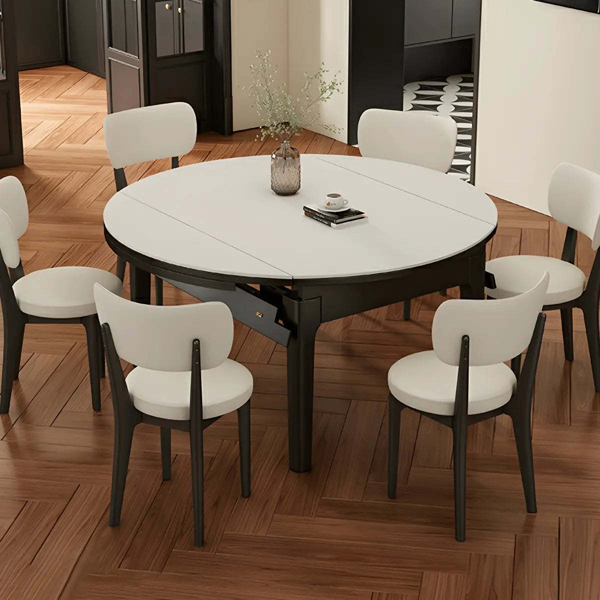 Modern Round Wood and White Stone Extendable Dining Table — Without Chairs