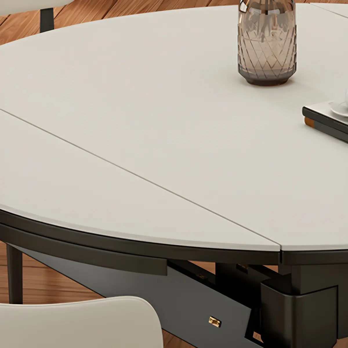 Modern Round Wood and White Stone Extendable Dining Table — Without Chairs