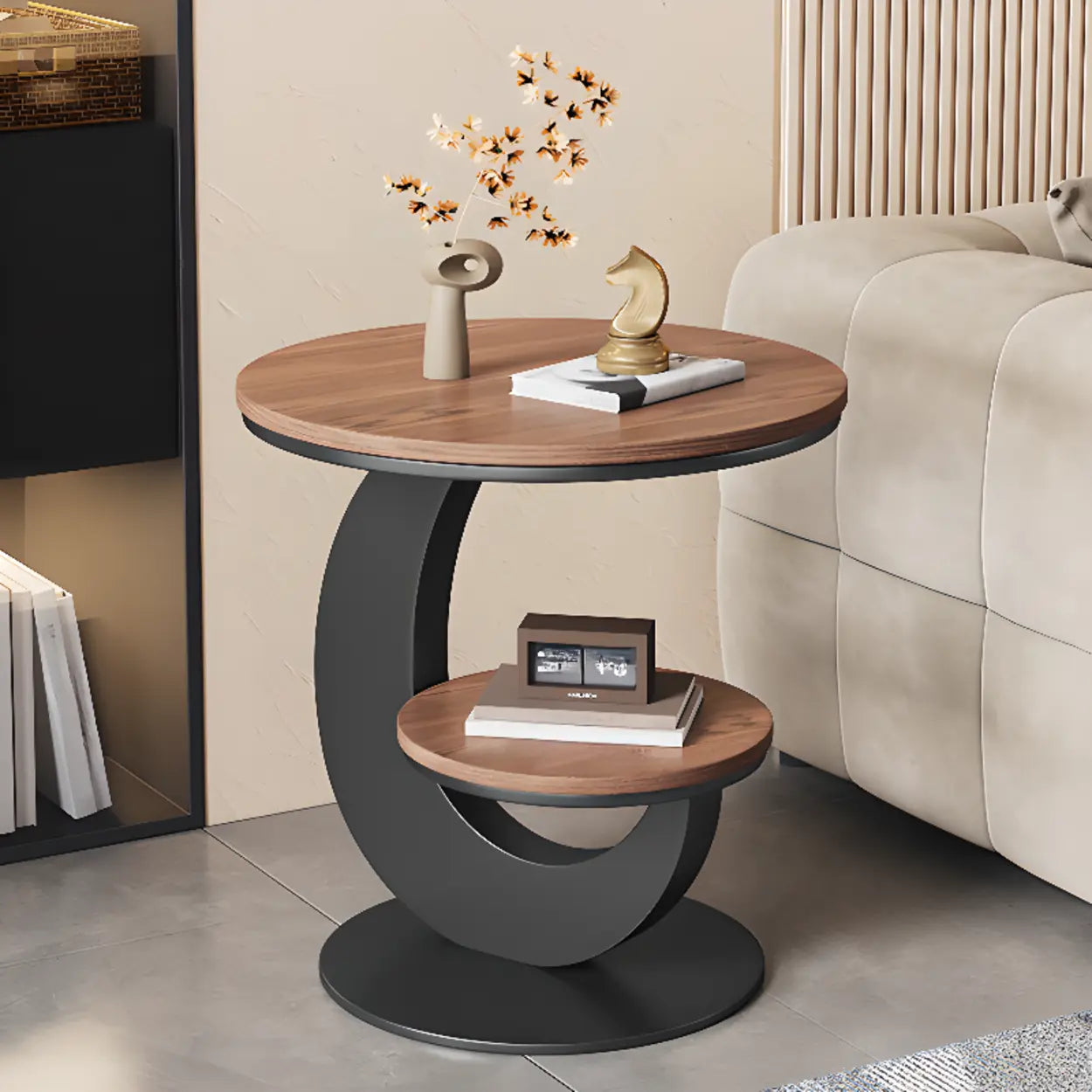 Modern Round Wood Pedestal Side Table with Shelves