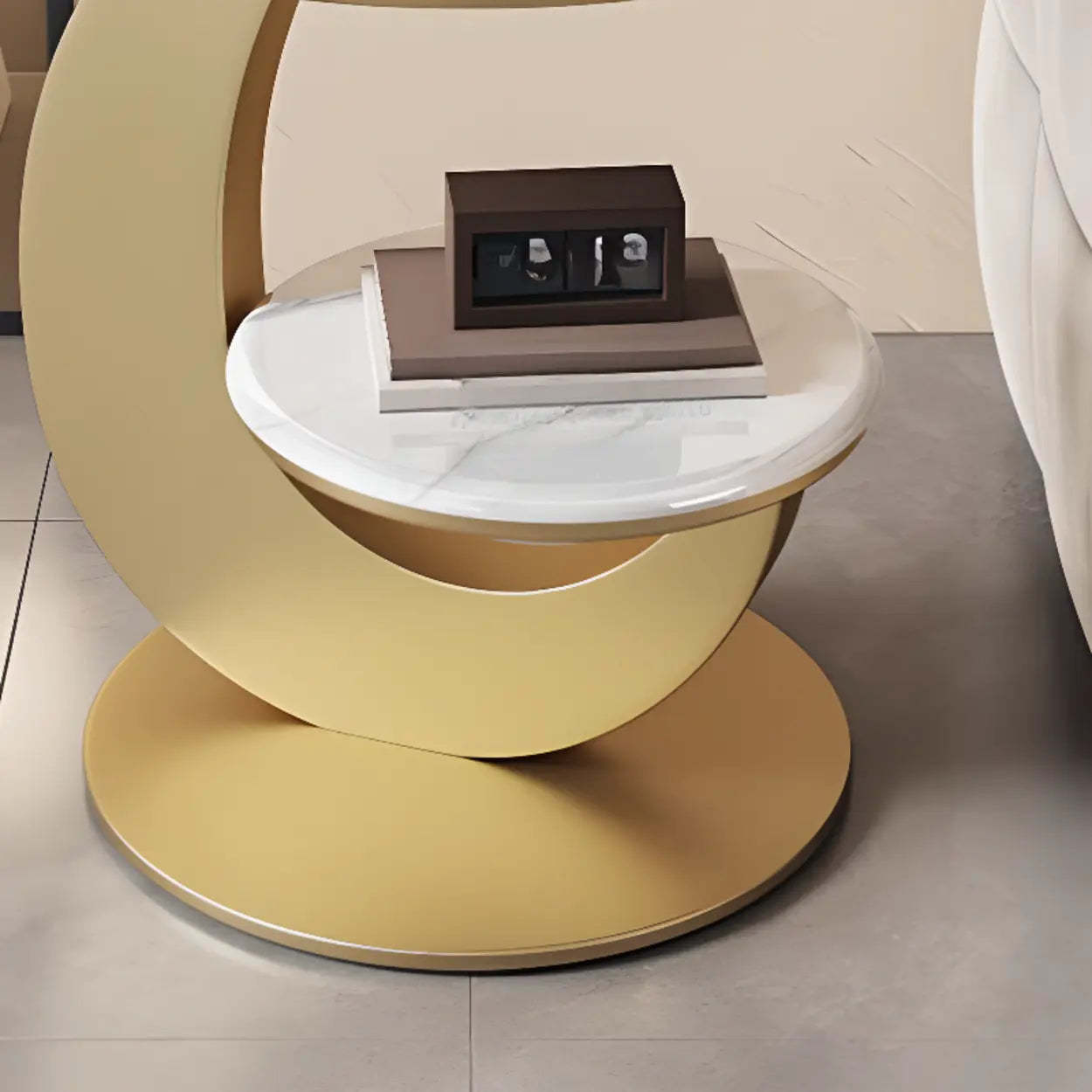 Modern Round Wood Pedestal Side Table with Shelves — Gold / White