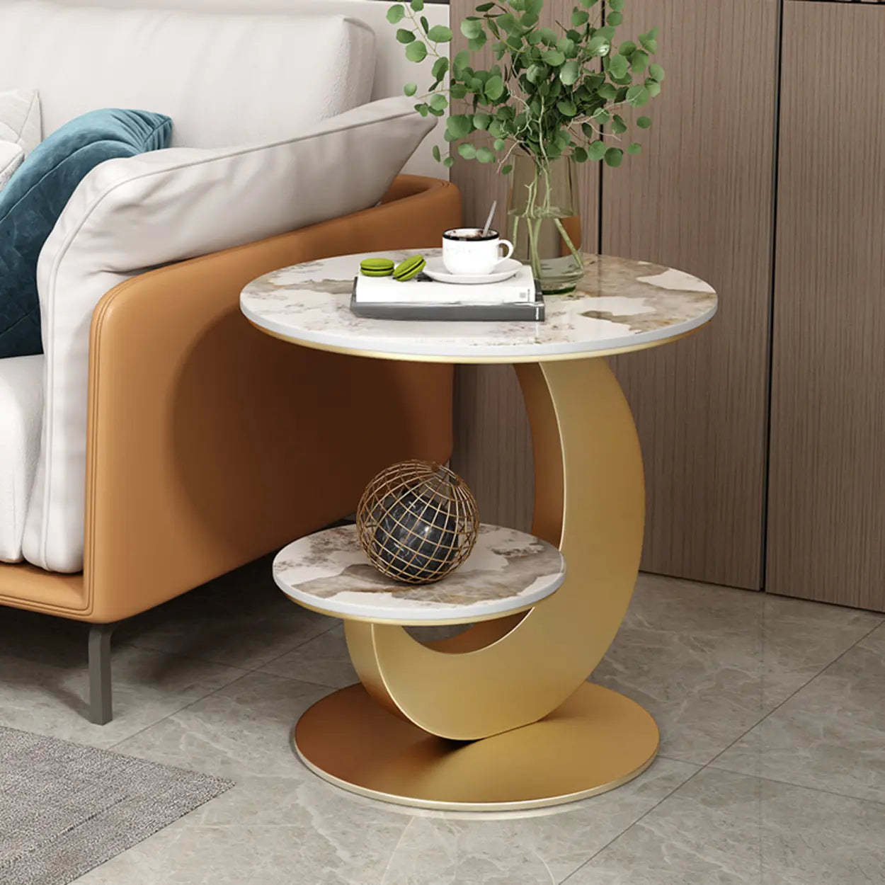 Modern Round Wood Pedestal Side Table with Shelves — Gold / Pandora