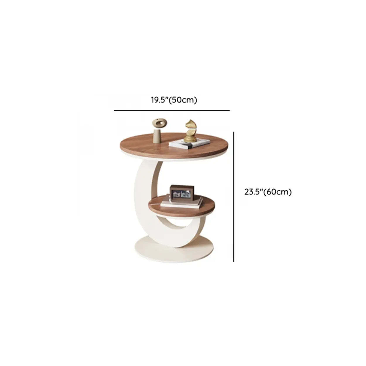 Modern Round Wood Pedestal Side Table with Shelves — Gold / White