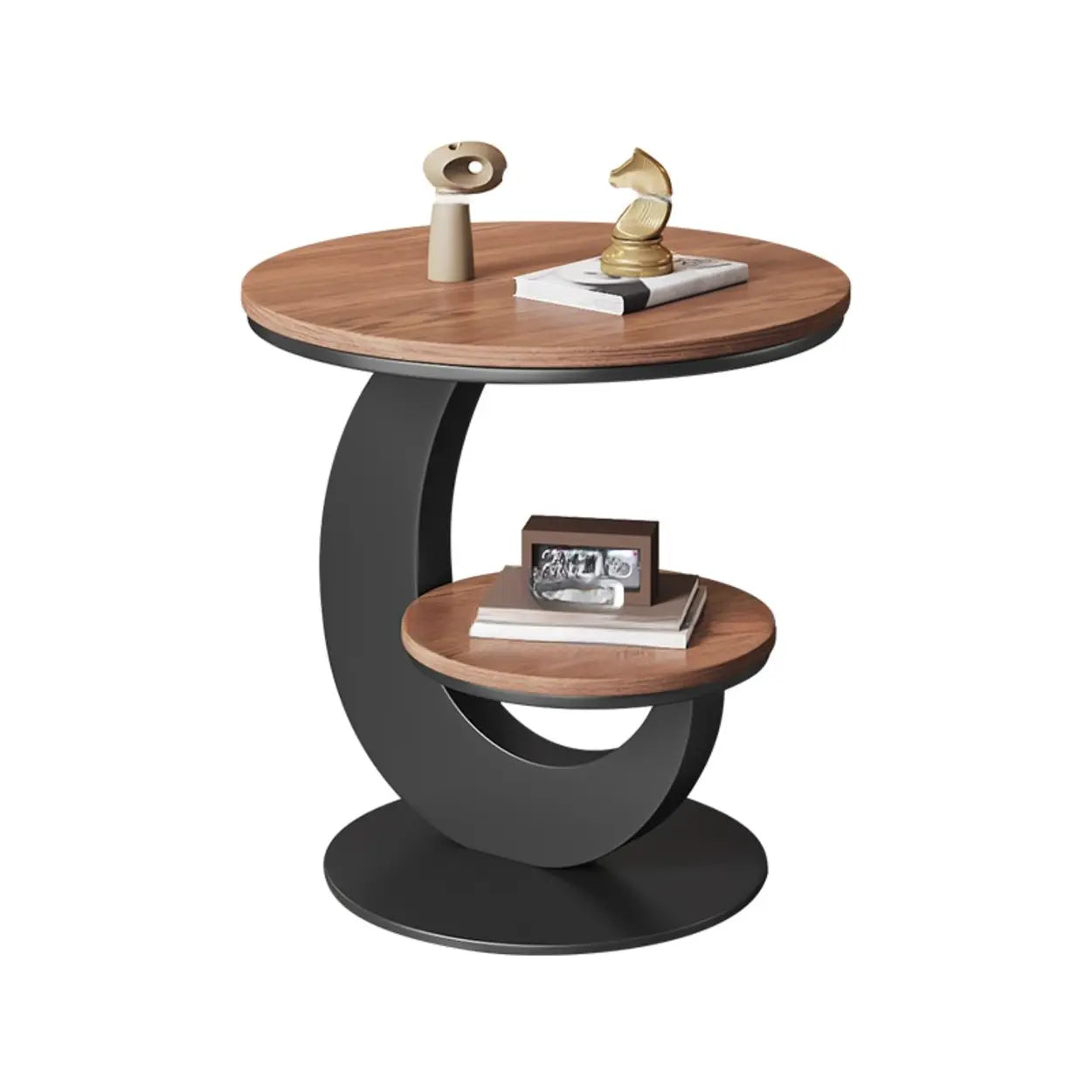 Modern Round Wood Pedestal Side Table with Shelves — Black / Pandora