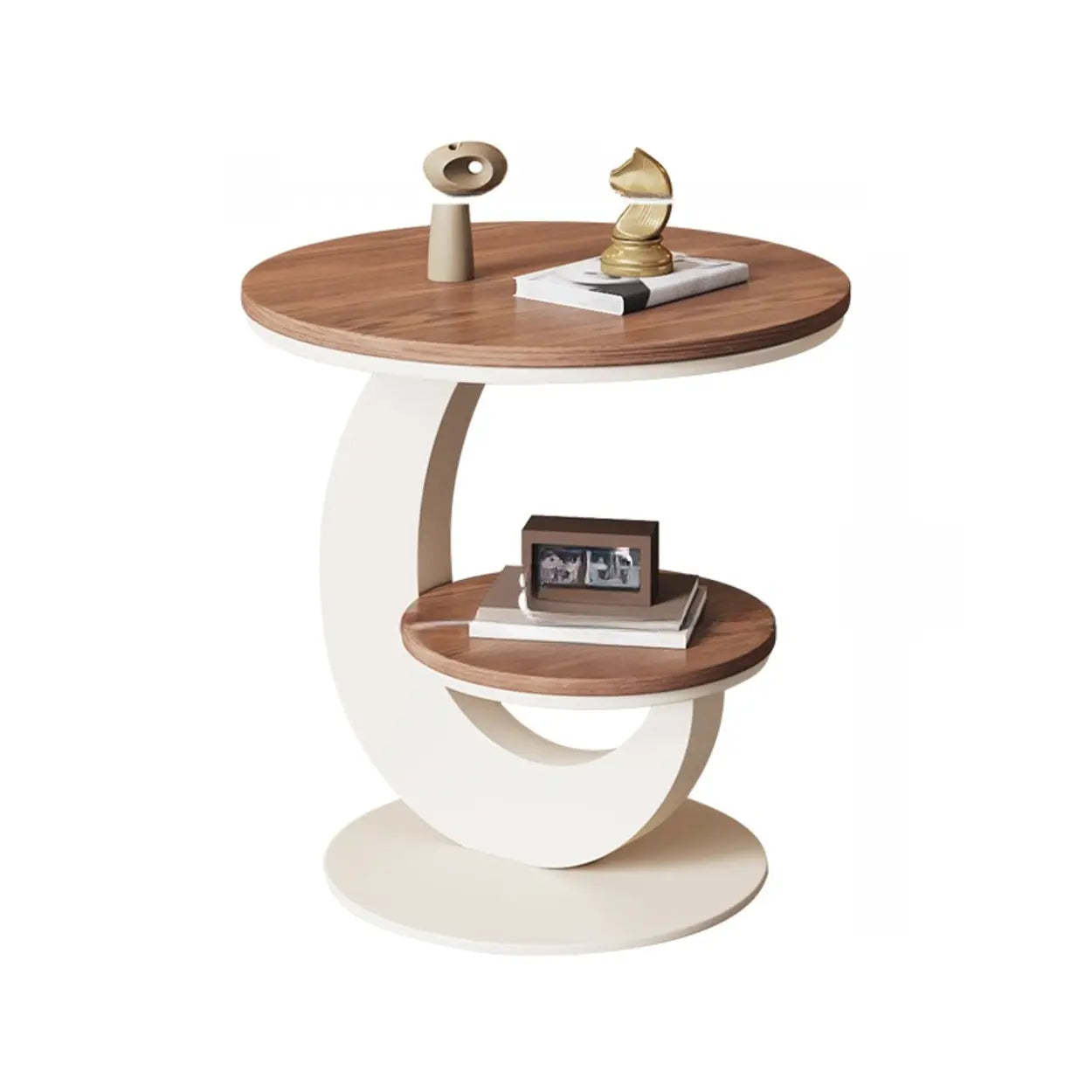 Modern Round Wood Pedestal Side Table with Shelves — Black / Walnut