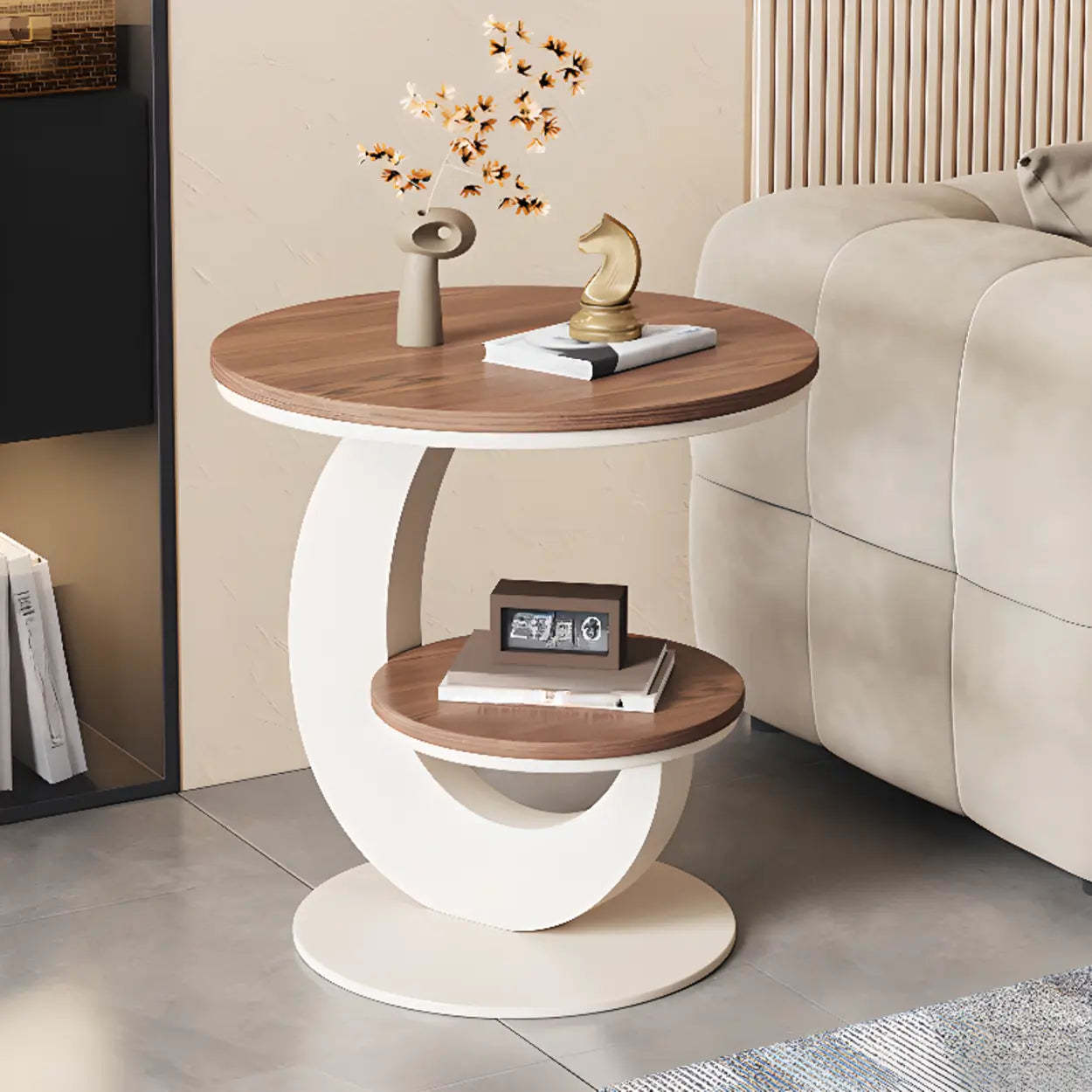 Modern Round Wood Pedestal Side Table with Shelves — Gold / White