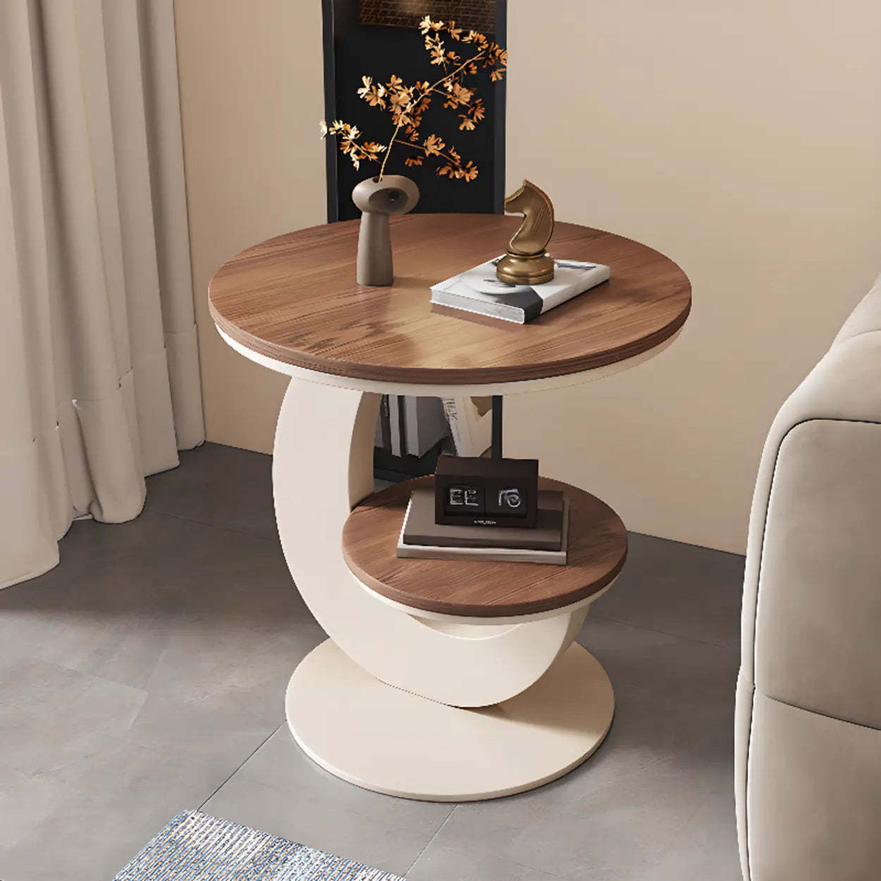Modern Round Wood Pedestal Side Table with Shelves — Beige / Walnut