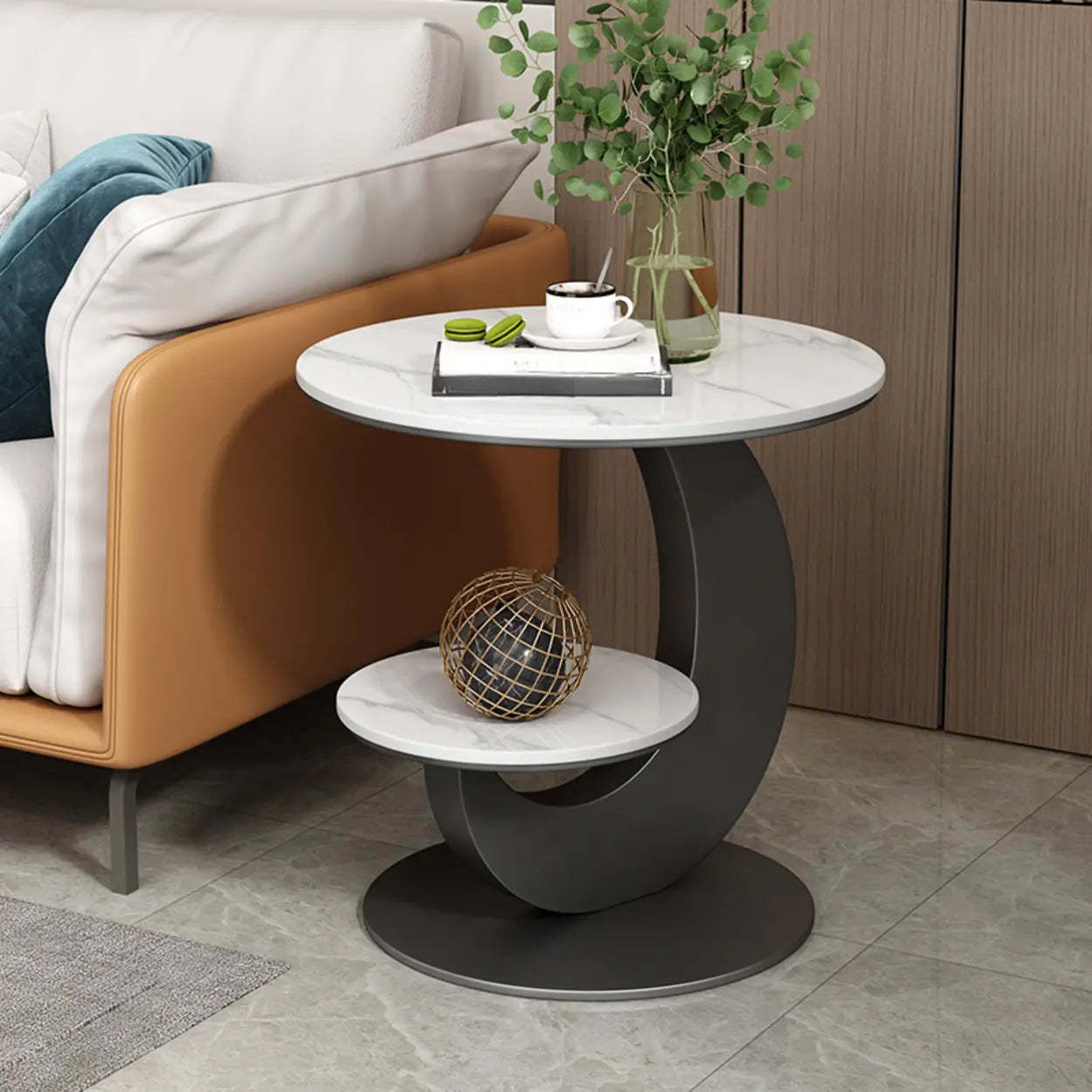 Modern Round Wood Pedestal Side Table with Shelves — Black / White
