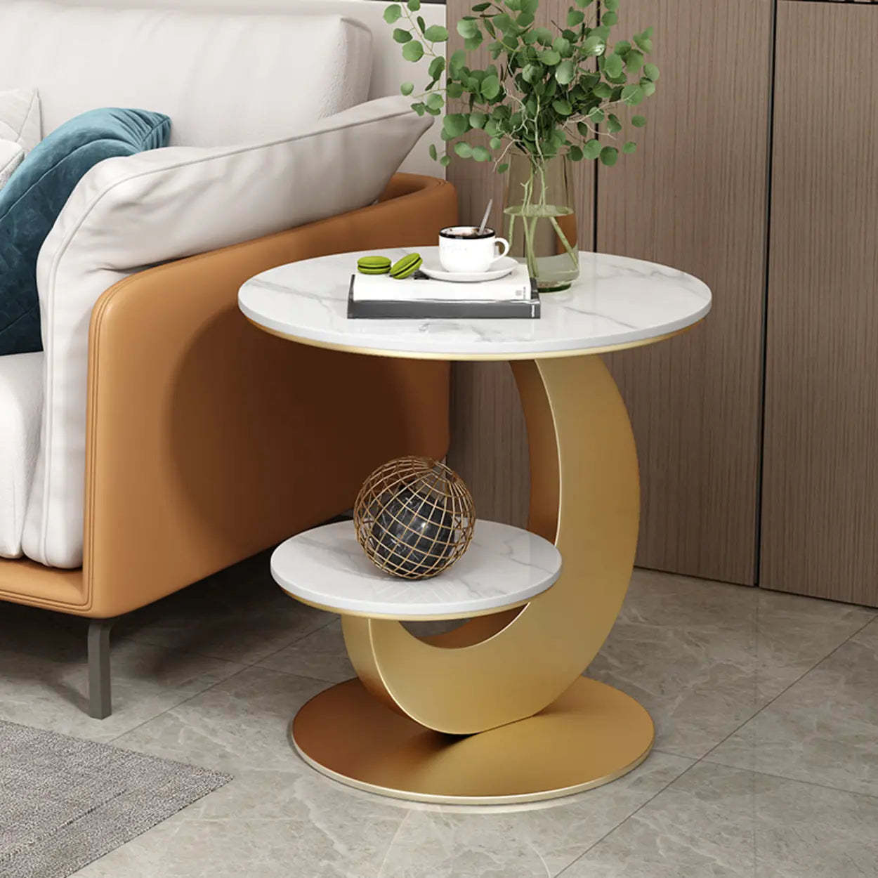 Modern Round Wood Pedestal Side Table with Shelves — Black / Walnut