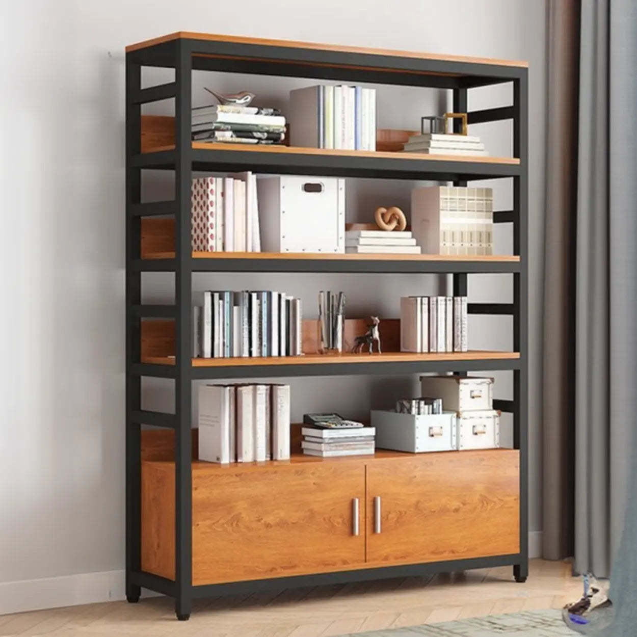 Modern vertical open-shelf black bookcases — 31.5" L x 11.8" W x 45.7" H