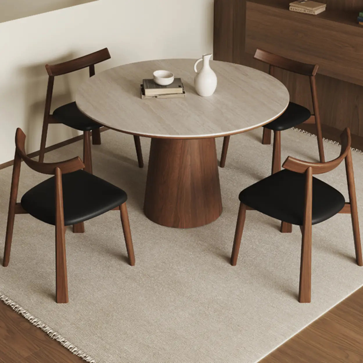 Modern Rustic Wood Pedestal Stone Dining Table — Table Only
