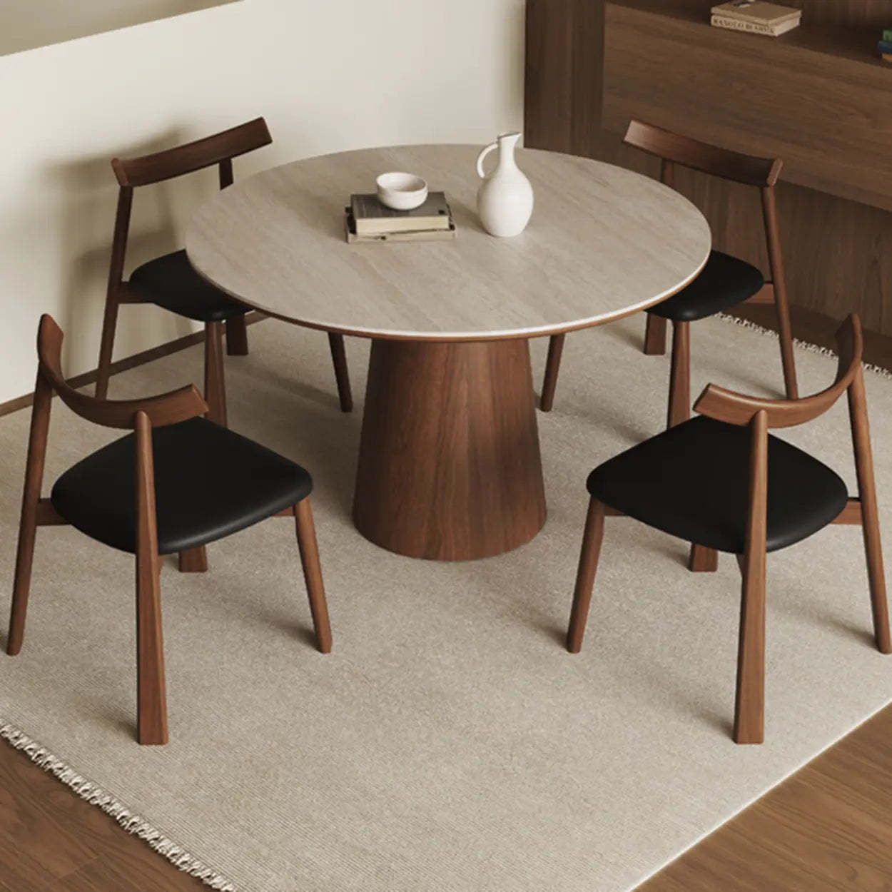 Modern Rustic Wood Pedestal Stone Dining Table — Table Only