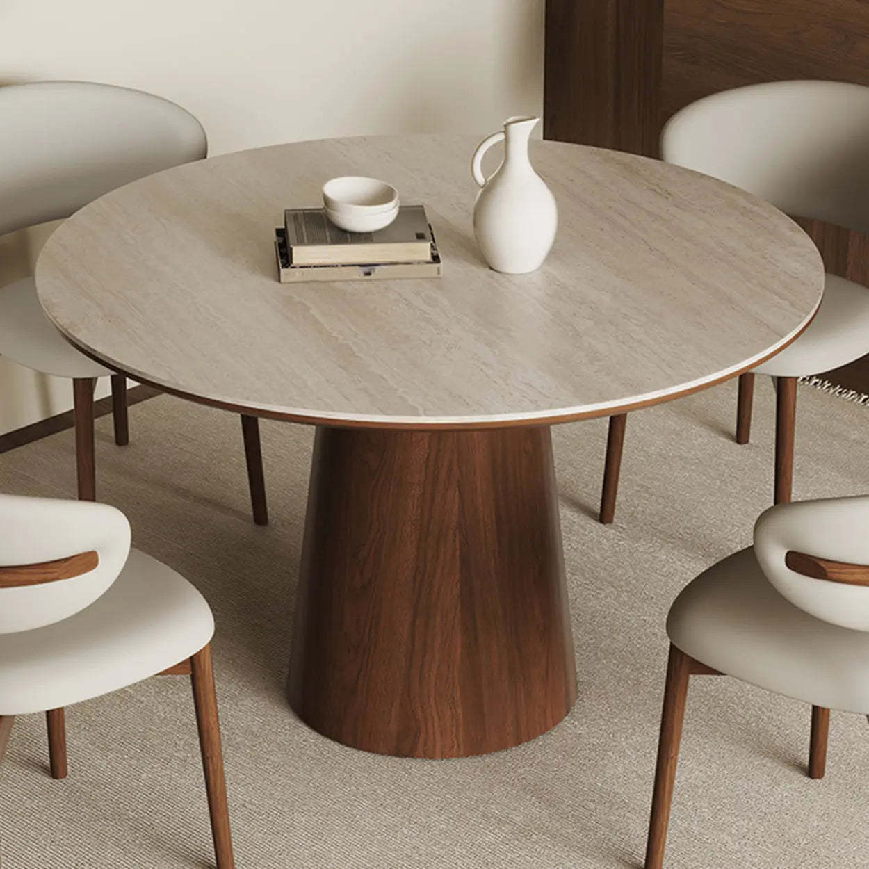 Modern Rustic Wood Pedestal Stone Dining Table — Table Only