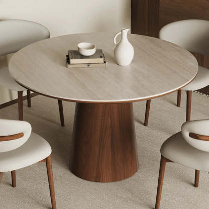 Modern Rustic Wood Pedestal Stone Dining Table — Table Only