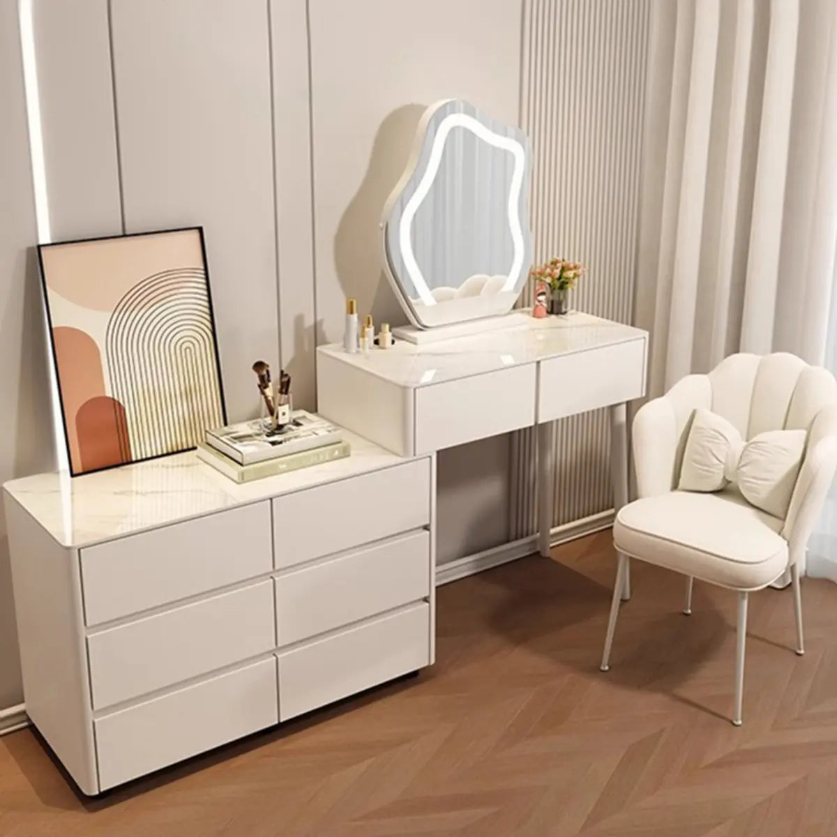 Modern Scalloped Engineered Wood Wall-Mounted White Makeup Vanity — Grey / Makeup Vanity & Stool
