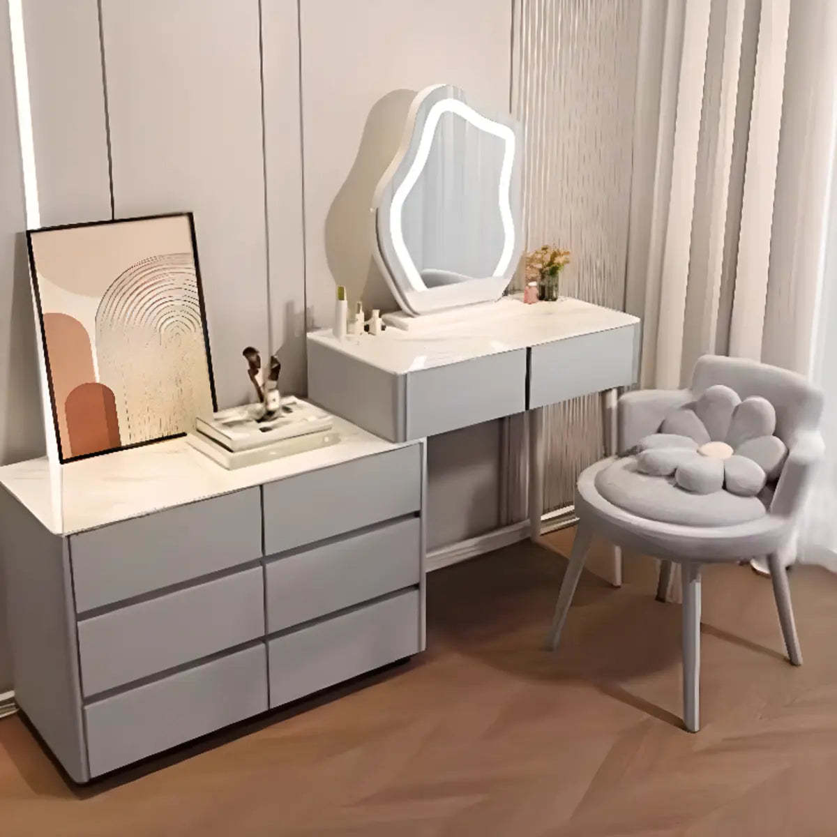 Modern Scalloped Engineered Wood Wall-Mounted White Makeup Vanity