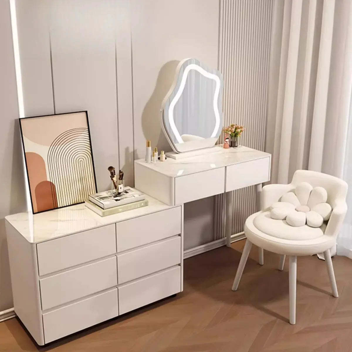 Modern Scalloped Engineered Wood Wall-Mounted White Makeup Vanity