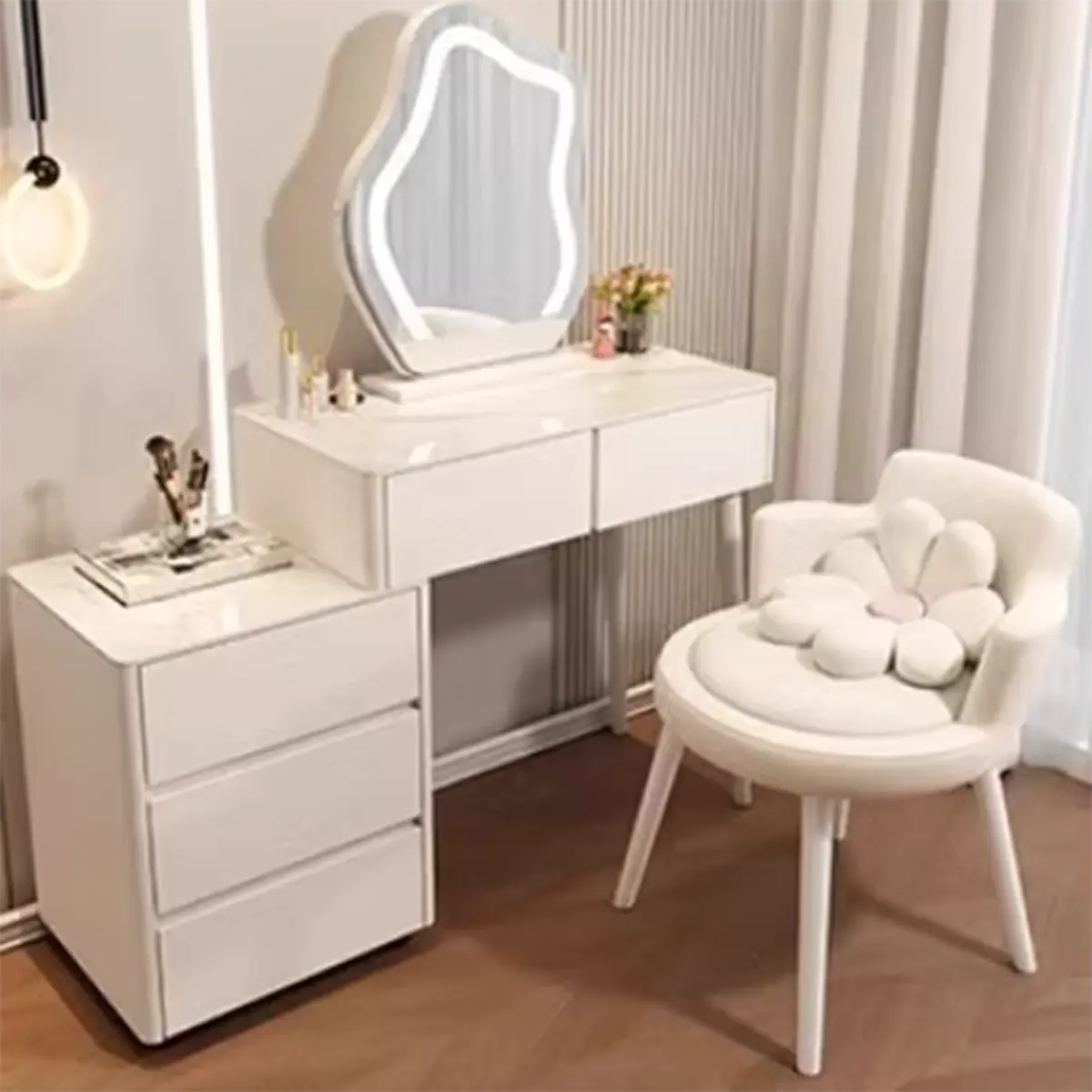 Modern Scalloped Engineered Wood Wall-Mounted White Makeup Vanity