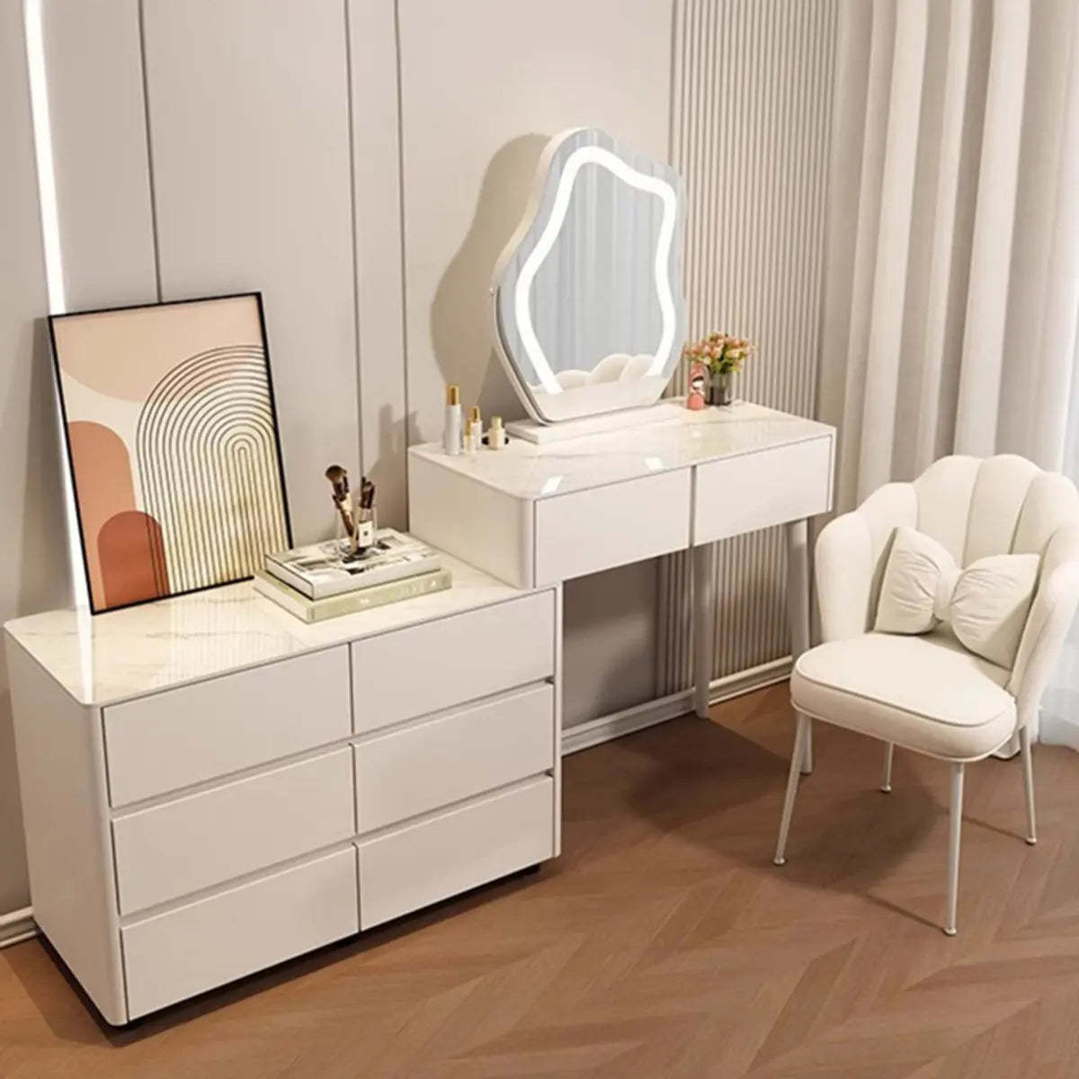 Modern Scalloped Engineered Wood Wall-Mounted White Makeup Vanity — Grey / Makeup Vanity & Stool
