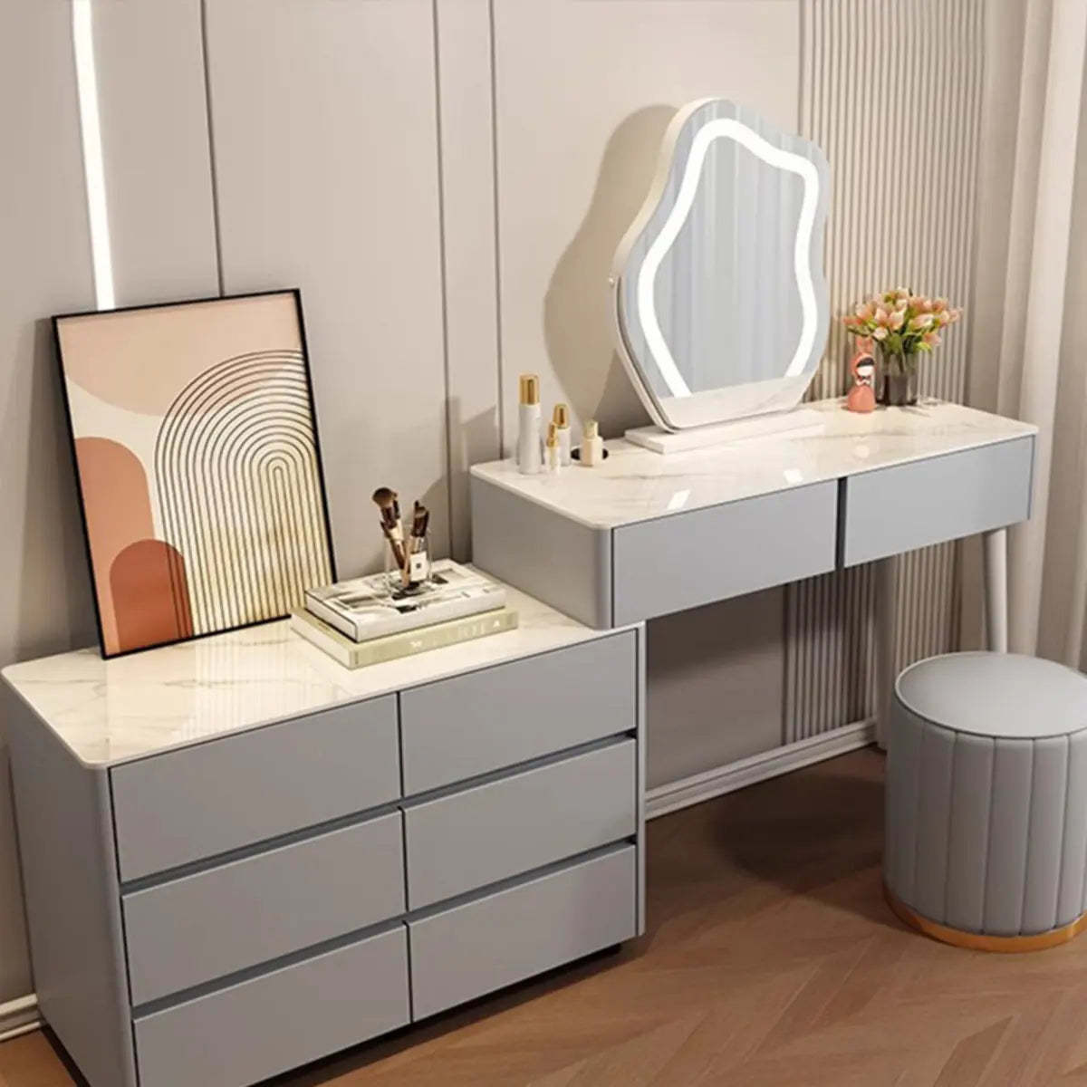 Modern Scalloped Engineered Wood Wall-Mounted White Makeup Vanity — White / Makeup Vanity & Stool