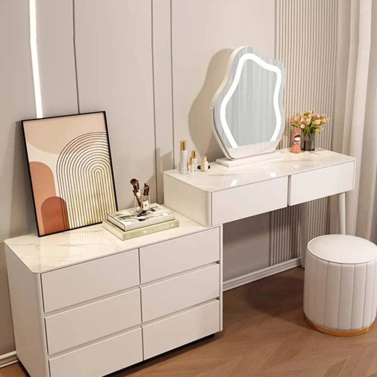 Modern Scalloped Engineered Wood Wall-Mounted White Makeup Vanity — Grey / Makeup Vanity & Stool