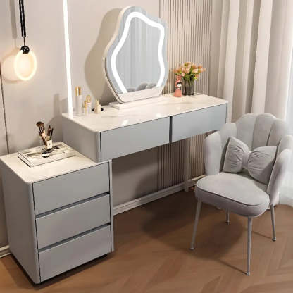 Modern Scalloped Engineered Wood Wall-Mounted White Makeup Vanity — White / Makeup Vanity & Stool