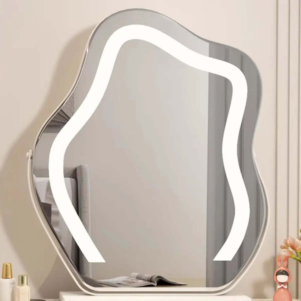 Modern Scalloped Engineered Wood Wall-Mounted White Makeup Vanity — Grey / Makeup Vanity & Stool