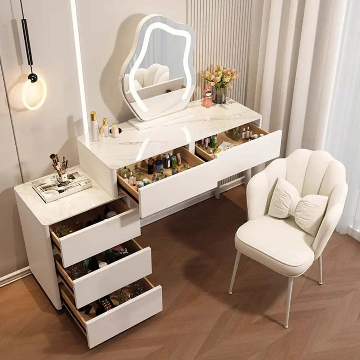 Modern Scalloped Engineered Wood Wall-Mounted White Makeup Vanity