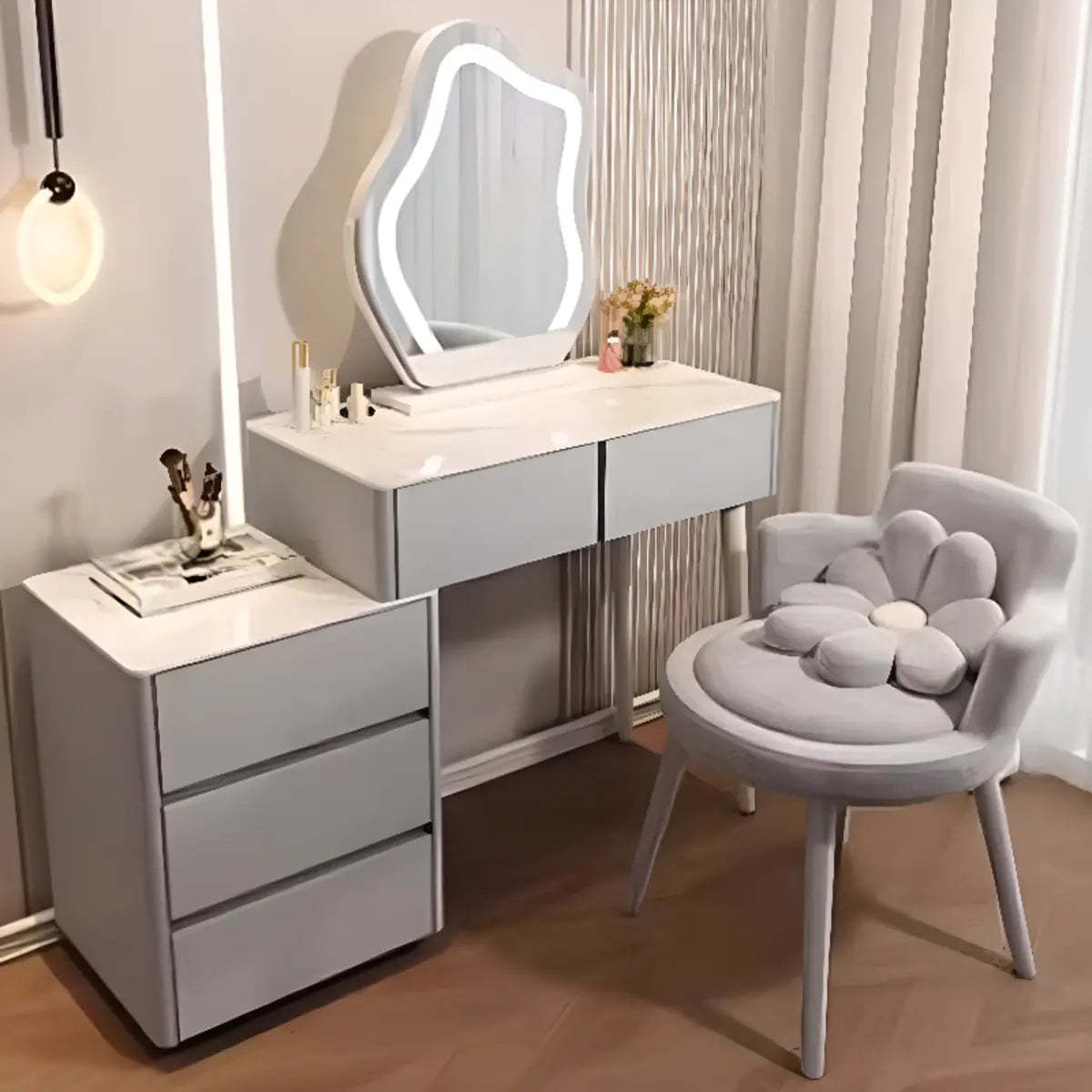 Modern Scalloped Engineered Wood Wall-Mounted White Makeup Vanity