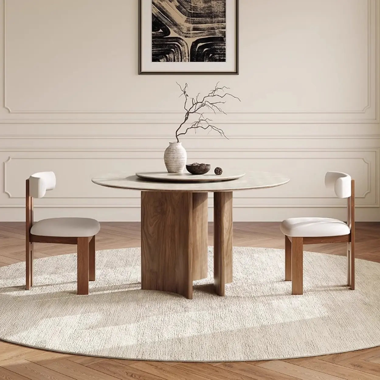 Scandinavian Khaki Stone Round Wood Dining Table — Lazy Susan / Table Only