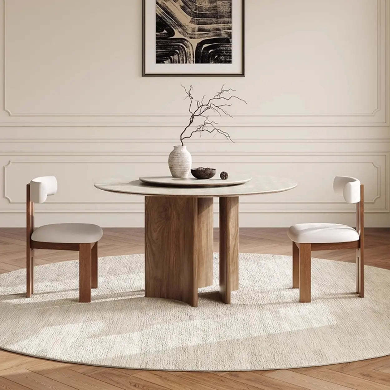 Scandinavian Khaki Stone Round Wood Dining Table — Lazy Susan / Table Only