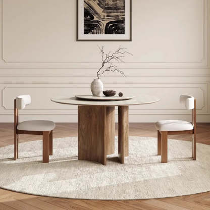 Scandinavian Khaki Stone Round Wood Dining Table — Lazy Susan / Table Only