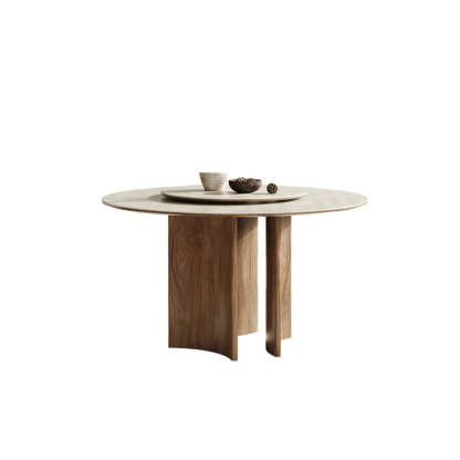 Scandinavian Khaki Stone Round Wood Dining Table — Fixed Table / Table Only