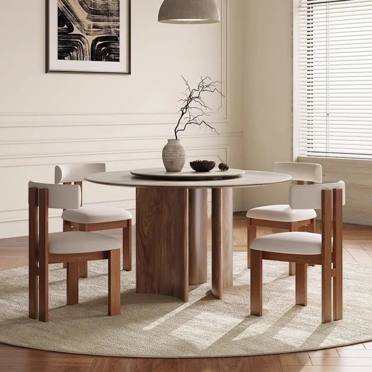 Scandinavian Khaki Stone Round Wood Dining Table — Lazy Susan / Table Only
