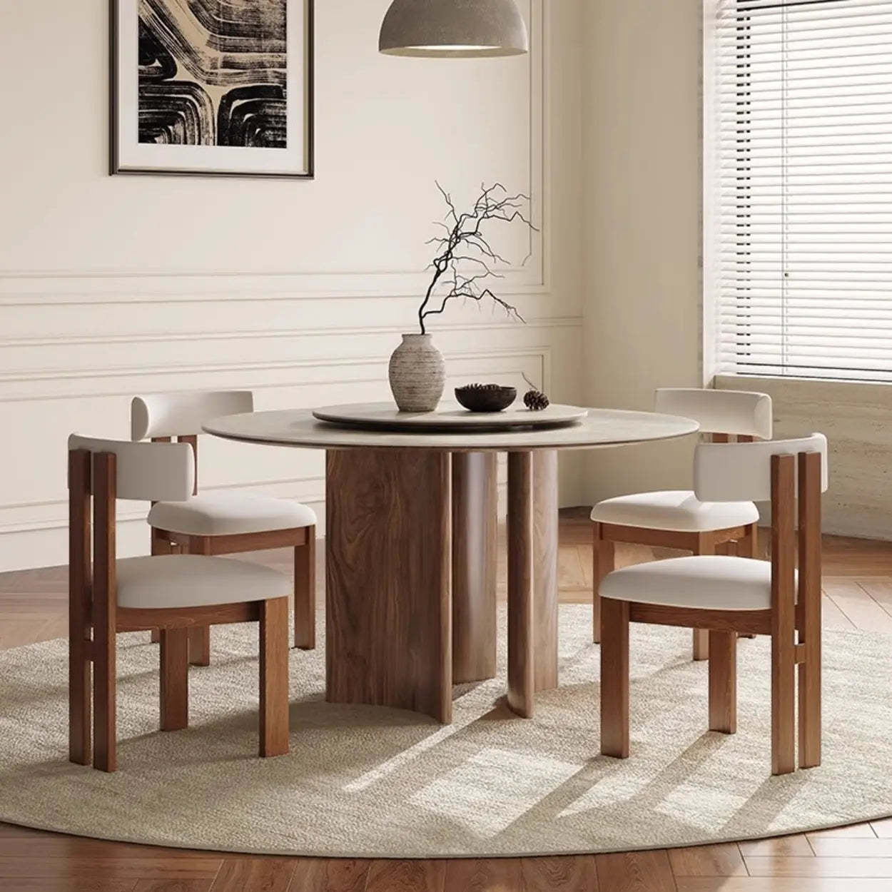 Scandinavian Khaki Stone Round Wood Dining Table — Lazy Susan / Table Only