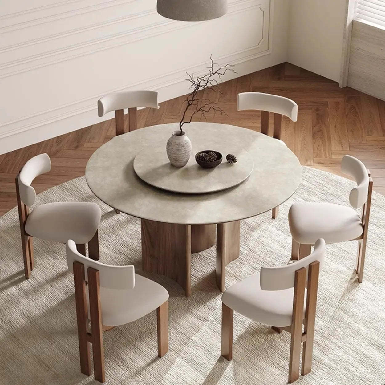 Scandinavian Khaki Stone Round Wood Dining Table — Fixed Table / Table Only
