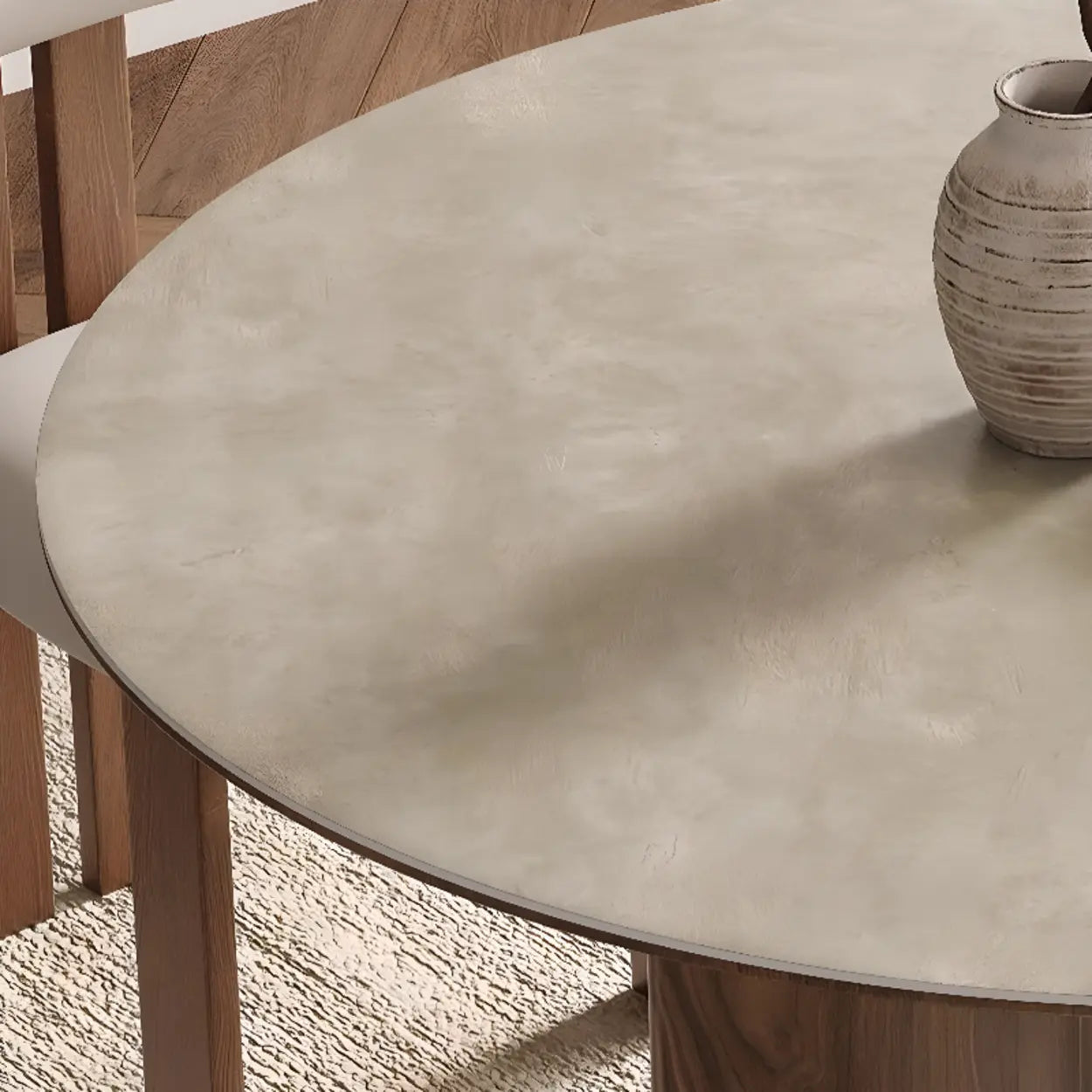 Scandinavian Khaki Stone Round Wood Dining Table — Fixed Table / Table Only