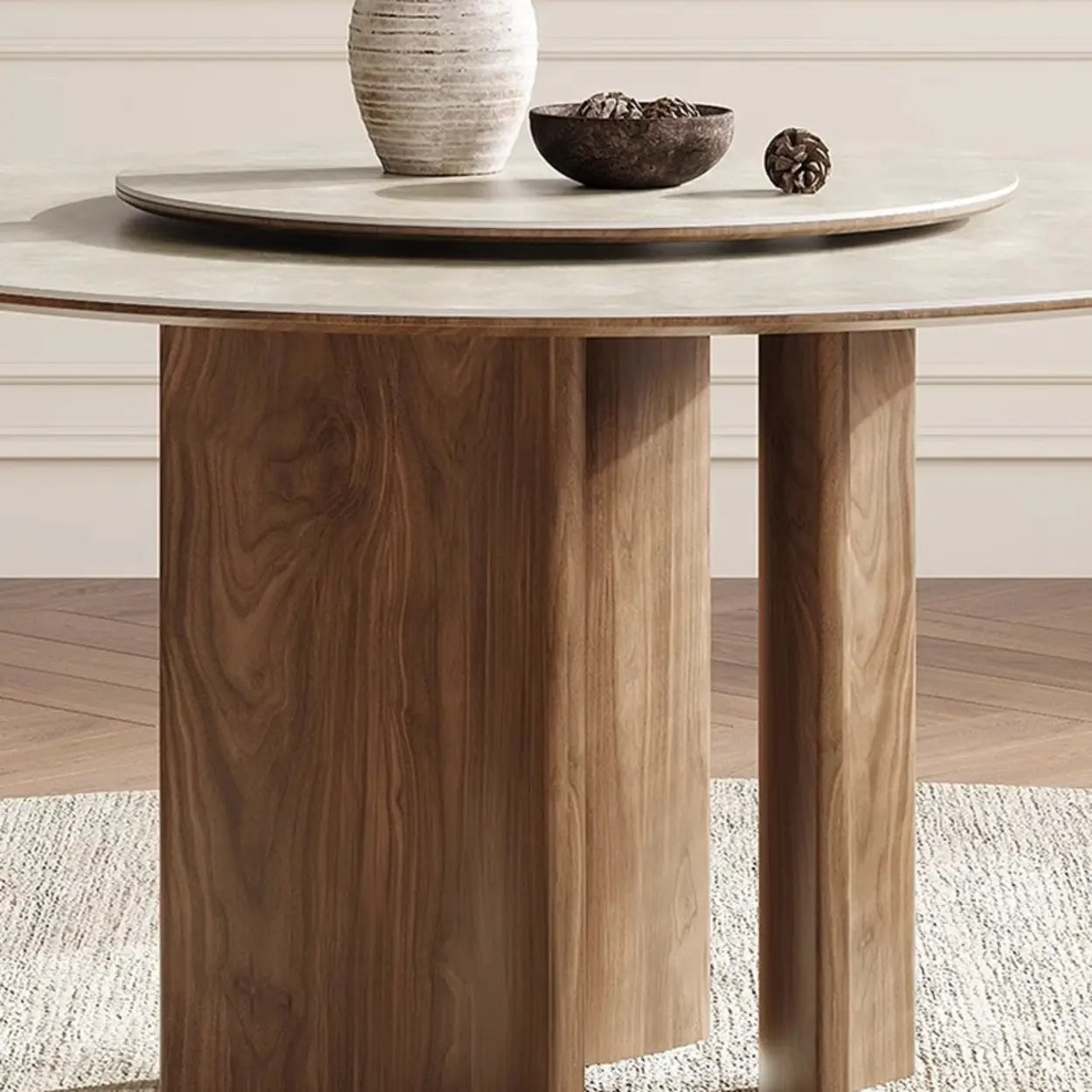 Scandinavian Khaki Stone Round Wood Dining Table — Lazy Susan / Table Only