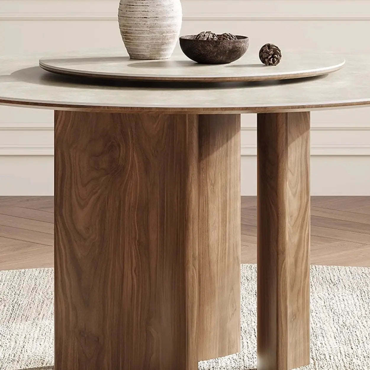 Scandinavian Khaki Stone Round Wood Dining Table — Lazy Susan / Table Only